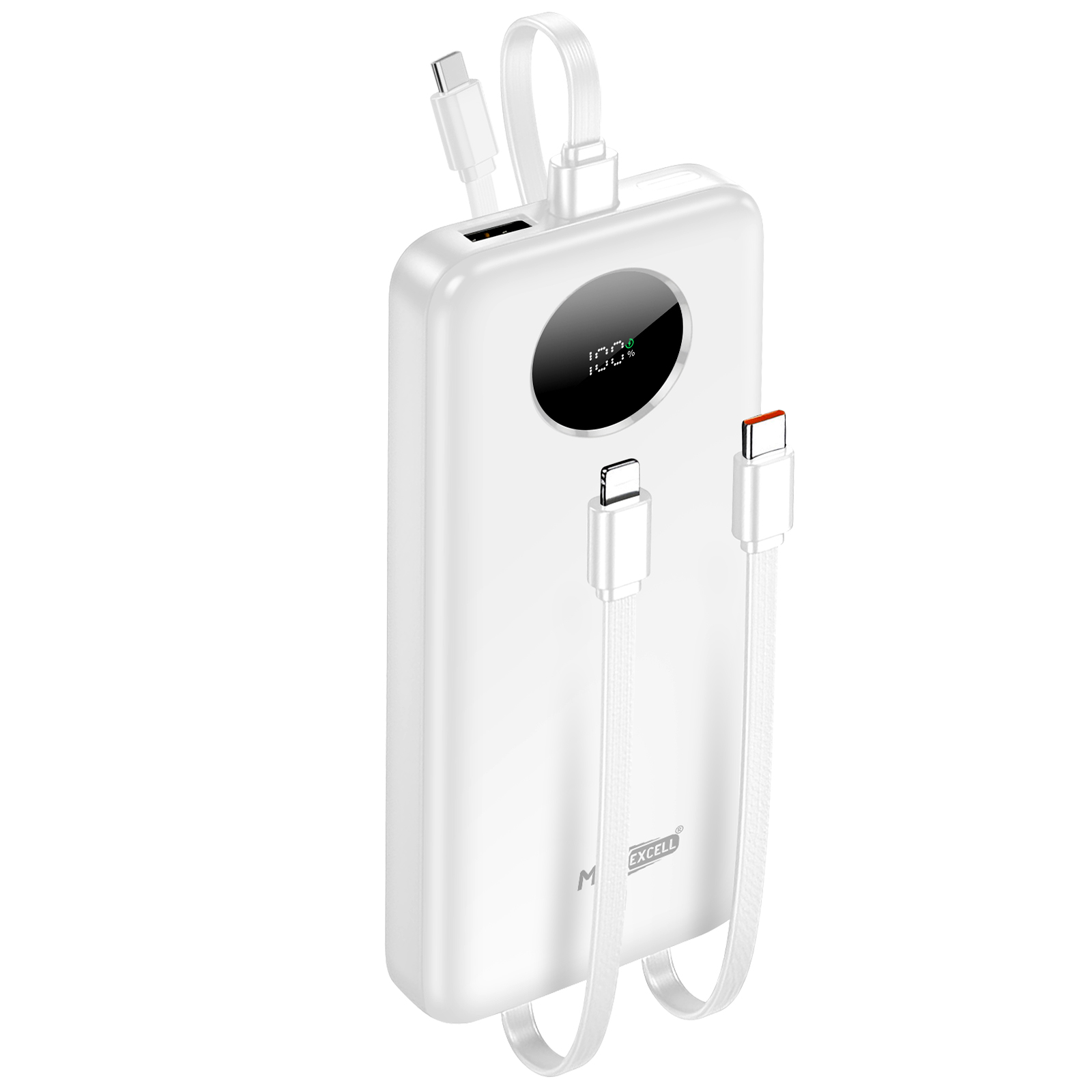 MAXEXCELL 10,000 mAh Power Bank with USB-A/USB-C and 2 Integrated Cables - White