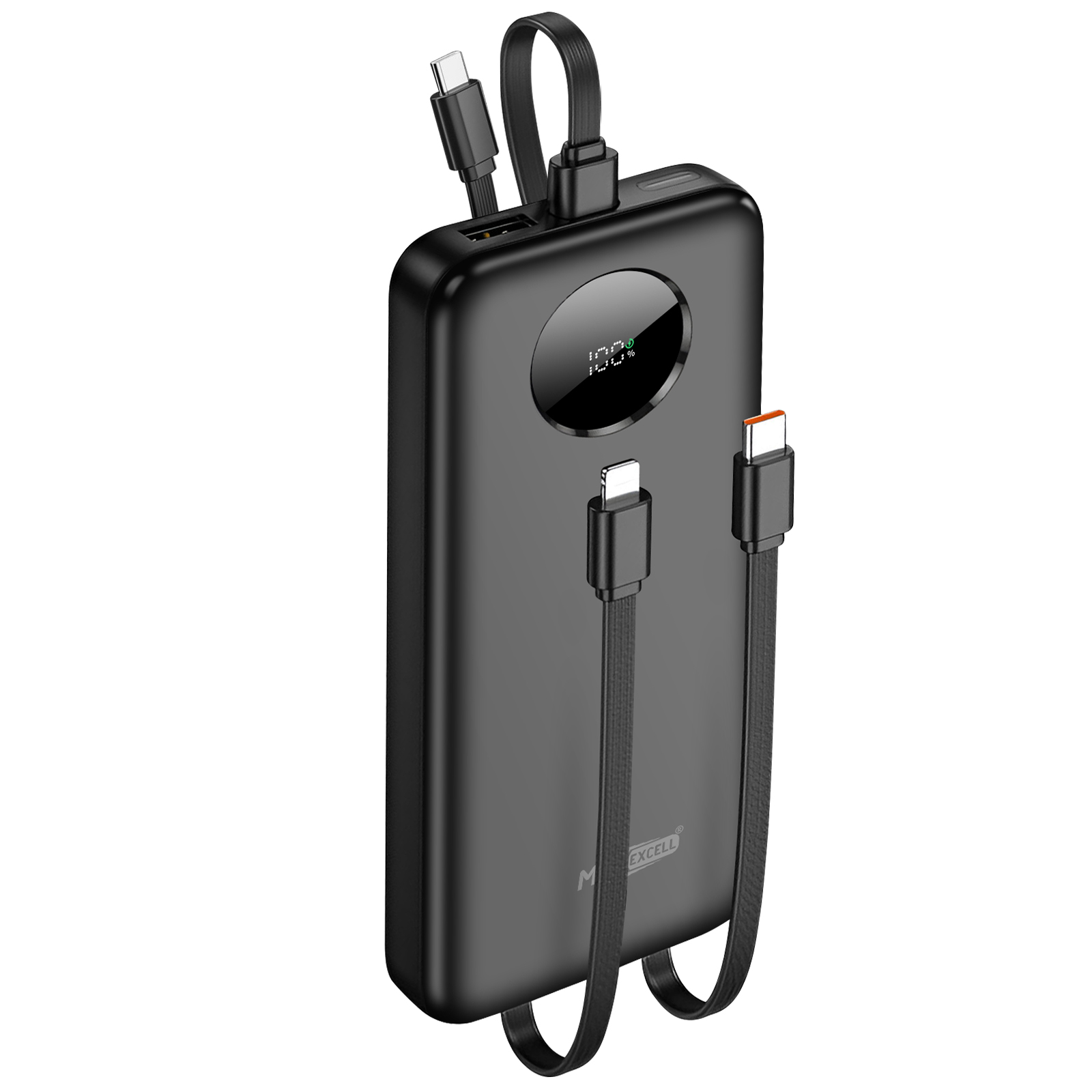 MAXEXCELL Power Bank 10000mAh 2-Port USB-A/USB-C with Integrated Cables