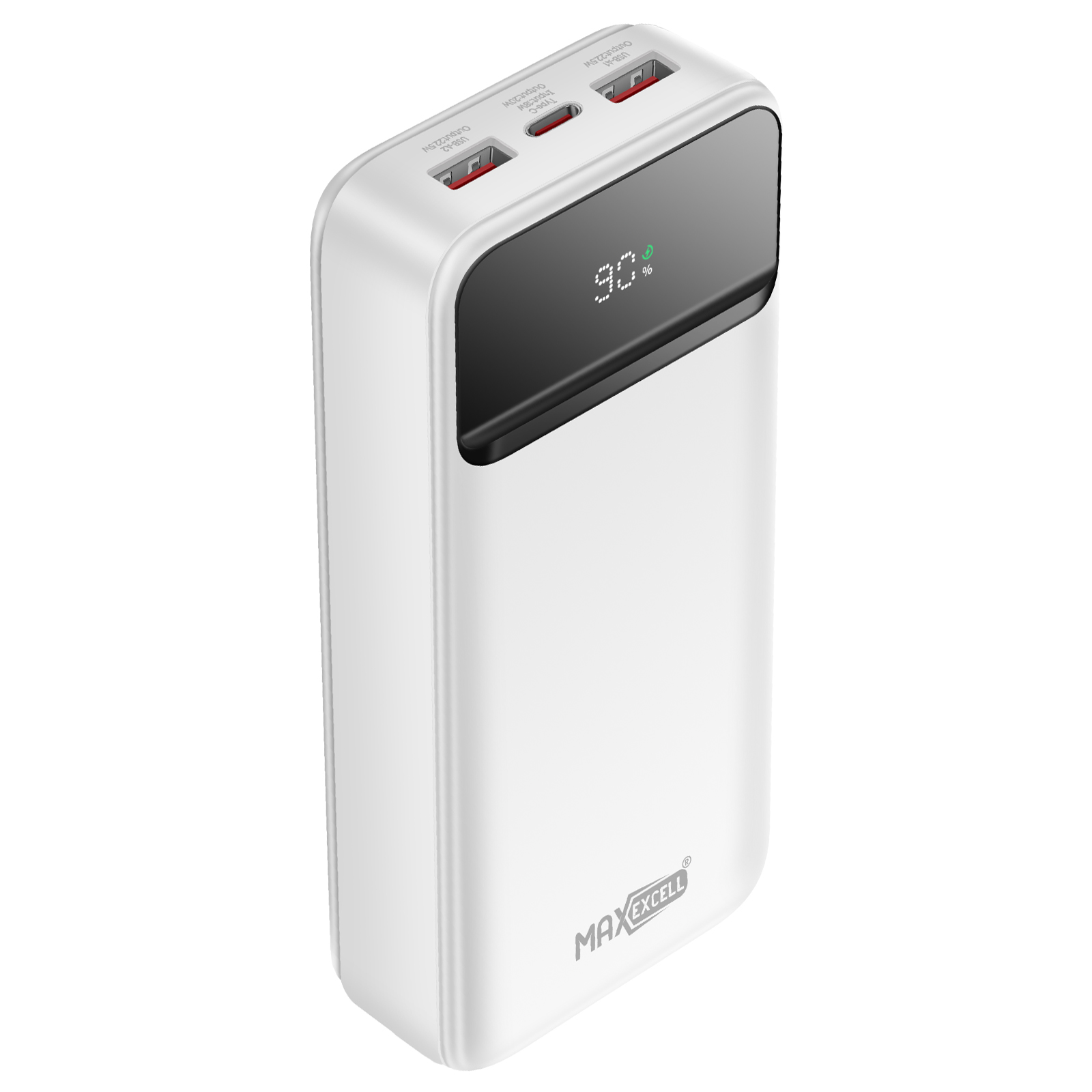 MAXEXCELL 20,000mAh USB-C Power Bank with 2x USB 22.5W and LCD Screen (White)