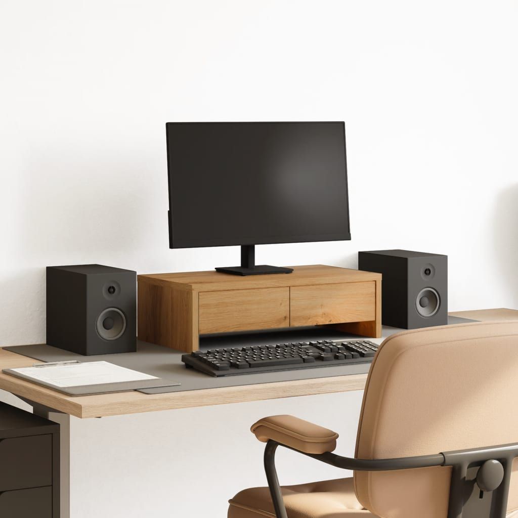 VIDAXL Double Monitor Stand with Drawers - Artisanal Oak Wood Engineering