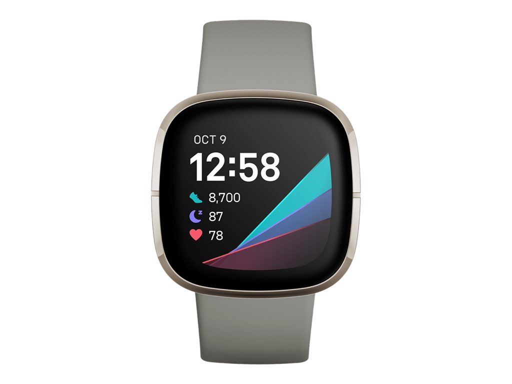 Fitbit Sense - Stainless Steel Silver - Smartwatch with Silicone Strap - Grey Sage - Bracelet Size S/L - Wi-Fi, NFC, Bluetooth