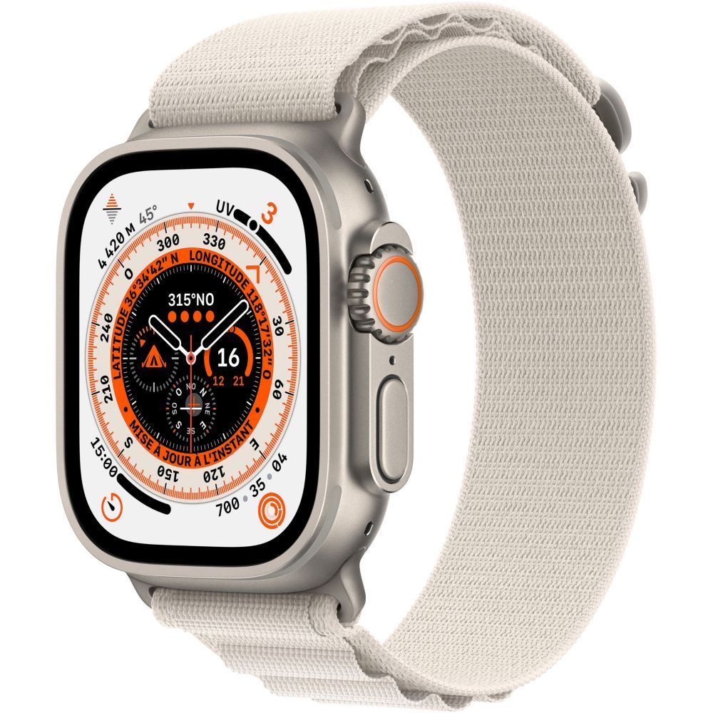 Apple Watch Ultra, 49mm Titanium Case with Cream Nylon Strap, Size S