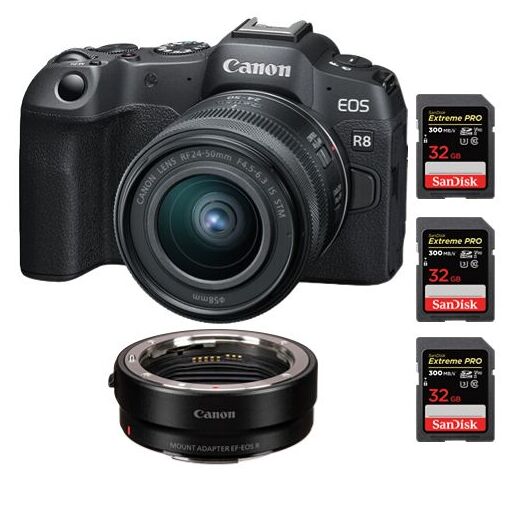 Canon EOS R8 Mirrorless Camera + RF 24-50mm f/4.5-6.3 IS STM Lens + EF-EOS R Mount Adapter + 3x 32GB SanDisk Extreme Pro SDHC USH-II 4K U3 300MB/s Cards