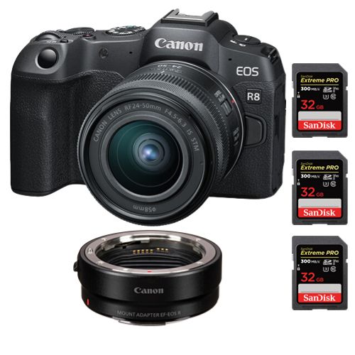 Canon EOS R8 Mirrorless Camera + RF 24-50mm f/4.5-6.3 IS STM Lens + EF-EOS R Mount Adapter + 3x 32GB SanDisk Extreme Pro SDHC USH-II 4K U3 300MB/s Cards