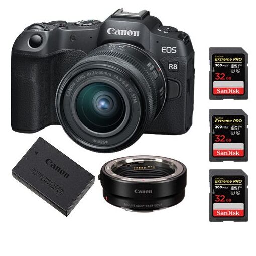 Canon EOS R8 Mirrorless Camera + RF 24-50mm f/4.5-6.3 IS STM Lens + EF-EOS R Mount Adapter + LP-E17 Battery + 3 SanDisk 32GB Extreme Pro SDHC USH-II 4K U3 300MB/s Cards