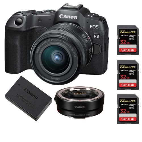 Canon EOS R8 Mirrorless Camera + RF 24-50mm f/4.5-6.3 IS STM Lens + EF-EOS R Mount Adapter + LP-E17 Battery + 3 SanDisk 32GB Extreme Pro SDHC USH-II 4K U3 300MB/s Cards