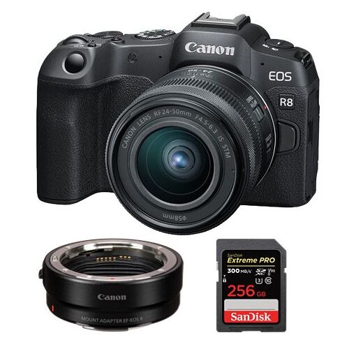 Canon EOS R8 Mirrorless Camera + RF 24-50mm f/4.5-6.3 IS STM Lens + EF-EOS R Mount Adapter + SanDisk 256GB Extreme Pro SDXC UHS-II U3 V90 300MB/s