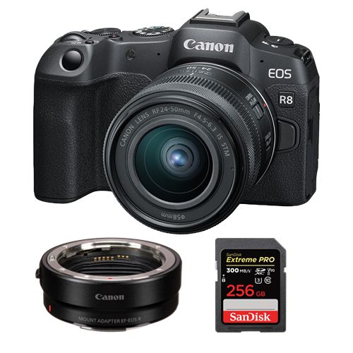 Canon EOS R8 Mirrorless Camera + RF 24-50mm f/4.5-6.3 IS STM Lens + EF-EOS R Mount Adapter + SanDisk 256GB Extreme Pro SDXC UHS-II U3 V90 300MB/s