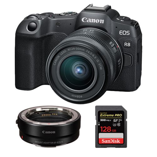 Canon EOS R8 Mirrorless Camera + RF 24-50mm f/4.5-6.3 IS STM Lens + EF-EOS R Mount Adapter + SanDisk 128GB Extreme Pro SDXC UHS-II U3 300MB/s