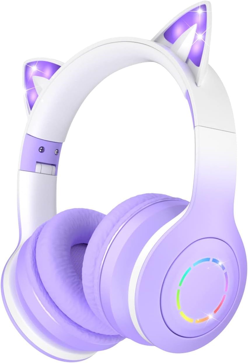 Auriculares Bluetooth para niños UniversalHouse (Púrpura) - Luces LED, Cancelación de ruido, Diseño plegable