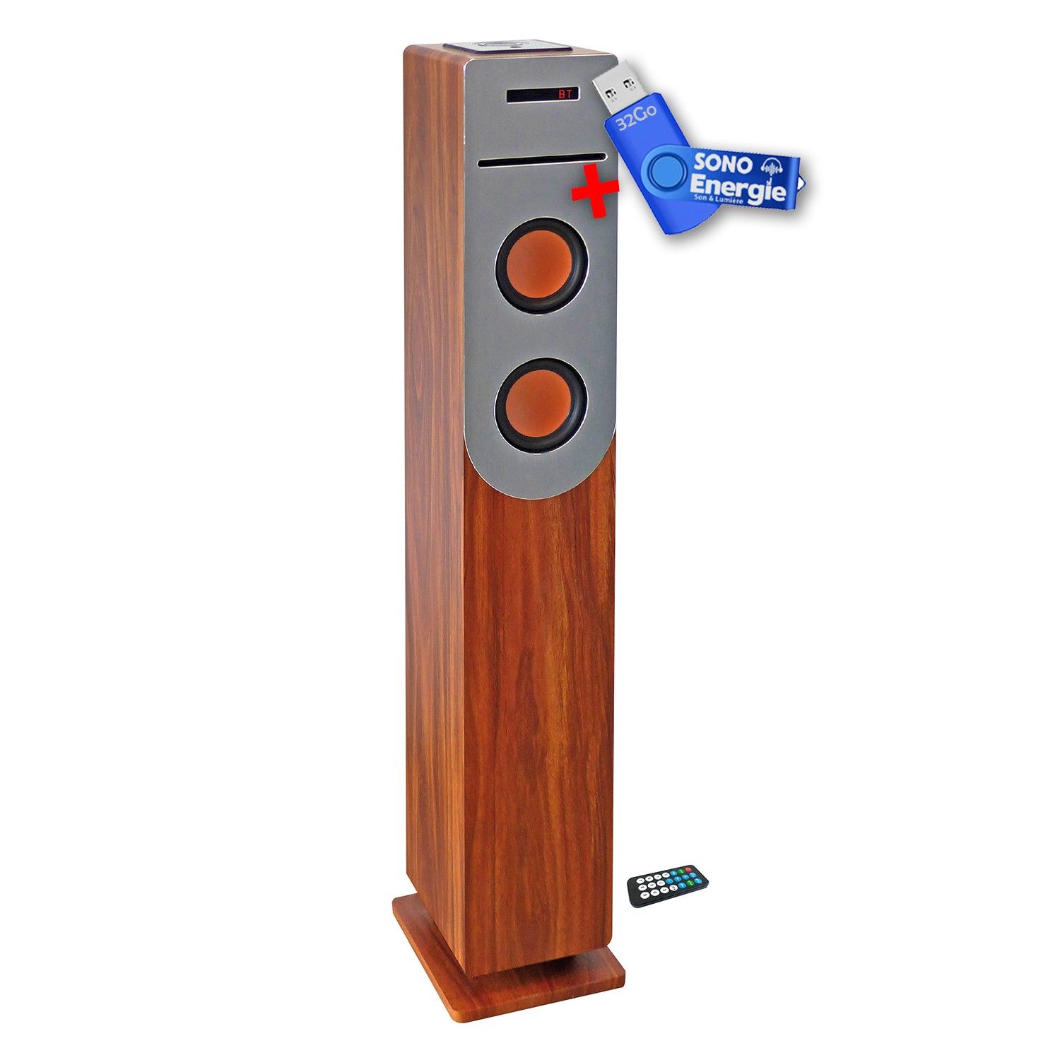 Inovalley WoodTower Sound Tower with CD Player, Bluetooth, FM Radio, USB, 100W + Remote Control + 32GB USB Key
