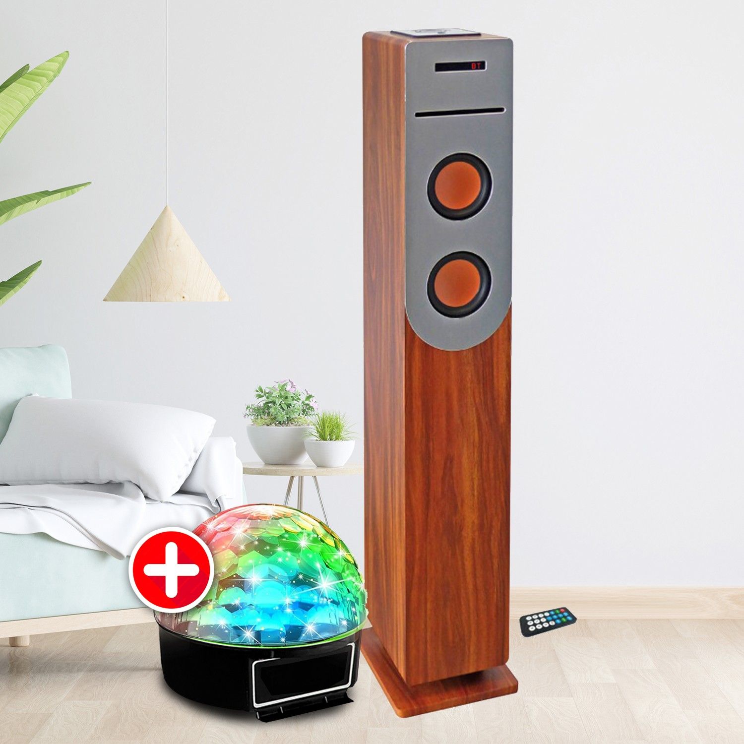 Inovalley Woodtower 100W Sound Tower with CD Player, Bluetooth, FM Radio and USB, Remote Control, LED Ball, Living Room Column