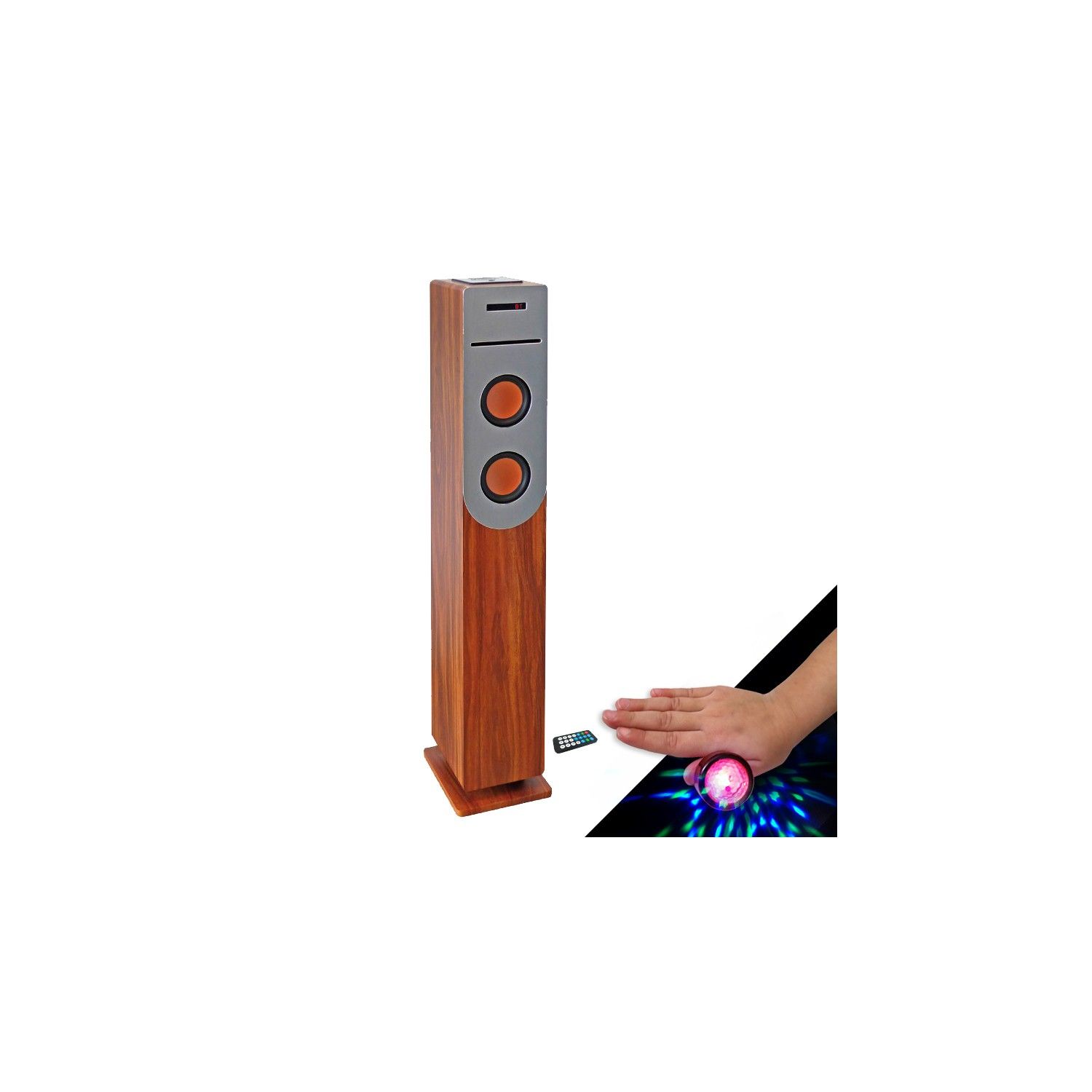 Inovalley WoodTower 100W Speaker with CD Player, Bluetooth, FM, USB, Remote Control, Column, LED Light Rings Gift Set
