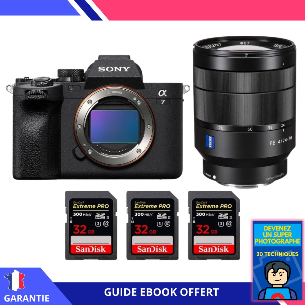 Sony A7 IV + FE 24-70mm f/4 ZA OSS + 3 SanDisk 32GB Extreme PRO UHS-II SDXC 300MB/s + Ebook 'Devenez Un Super Photographe' - Hybrid Sony