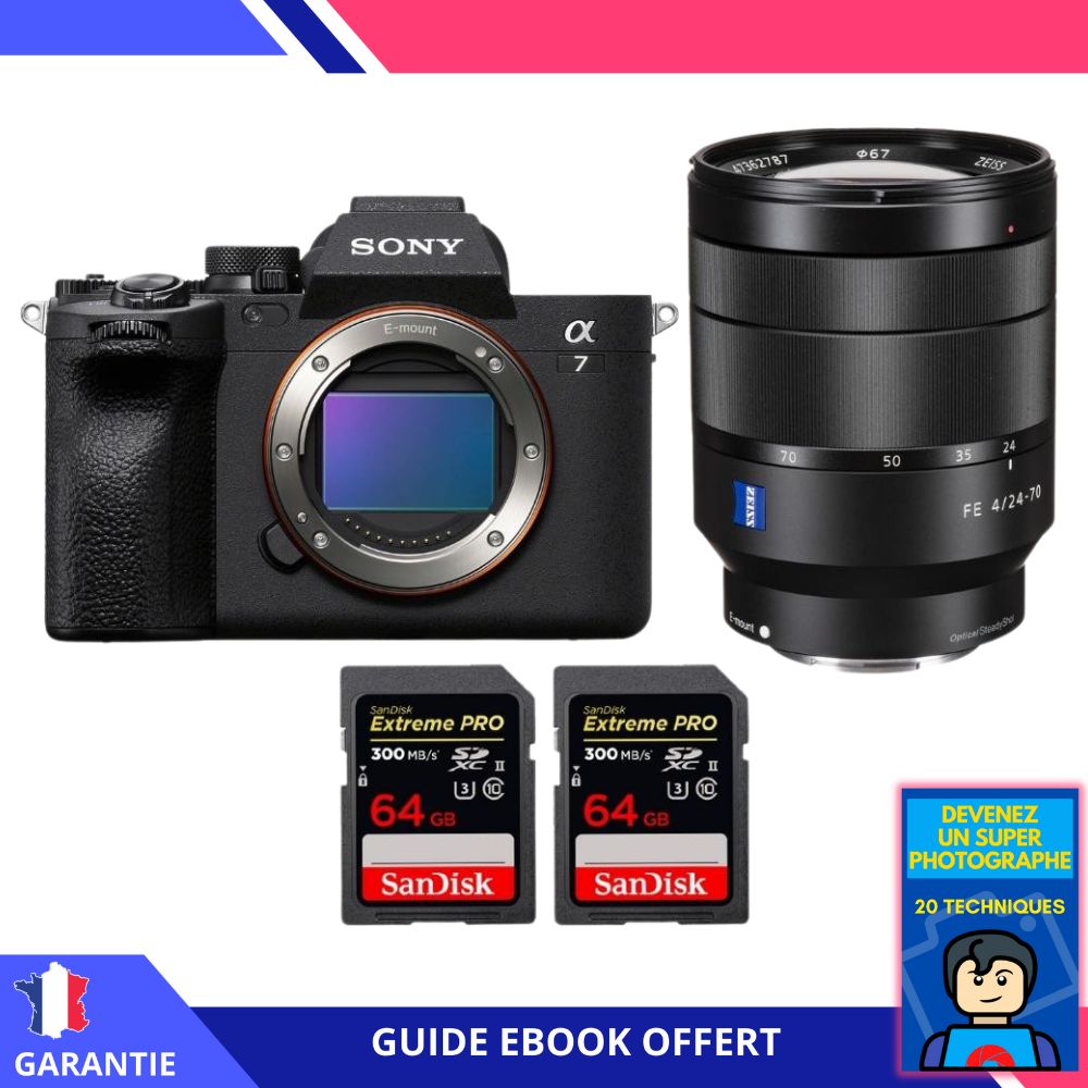 Sony A7 IV + FE 24-70mm f/4 ZA OSS + 2 SanDisk 64GB Extreme PRO UHS-II SDXC 300 MB/s + Ebook 'Devenez Un Super Photographe' - Hybrid Sony