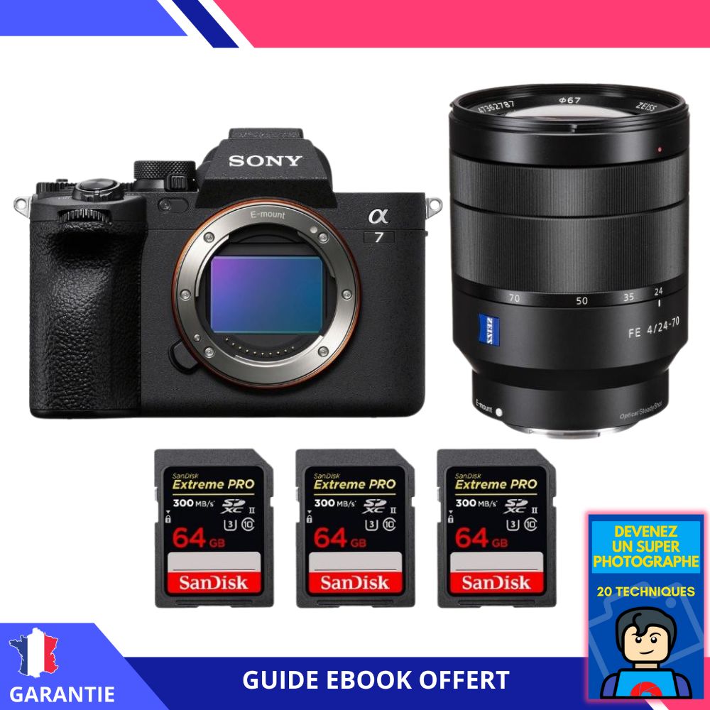 Sony A7 IV + FE 24-70mm f/4 ZA OSS + 3 SanDisk 64GB Extreme PRO UHS-II SDXC 300 MB/s + Ebook 'Devenez Un Super Photographe' - Hybrid Sony