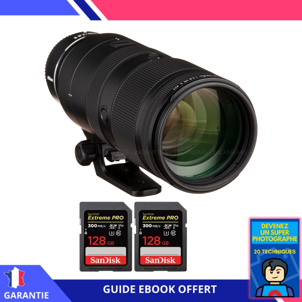 Nikon Z 70-200mm f/2.8 VR S Lens + 2 SanDisk 128GB UHS-II 300MB/s Cards + 'Become a Super Photographer' Ebook - Nikon Z Lens for Hybrid Cameras