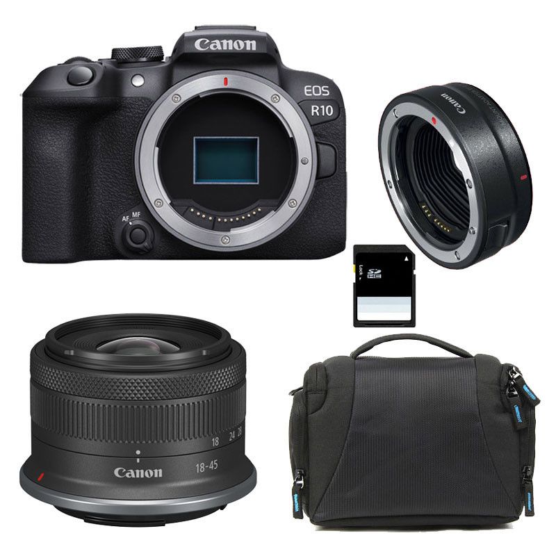 Canon EOS R10 + Objectif RF-S 18-45 mm f/4,5-6,3 IS STM Garantie 3 ans + Sac + Carte SD 8 Go + Bague EF-EOS R