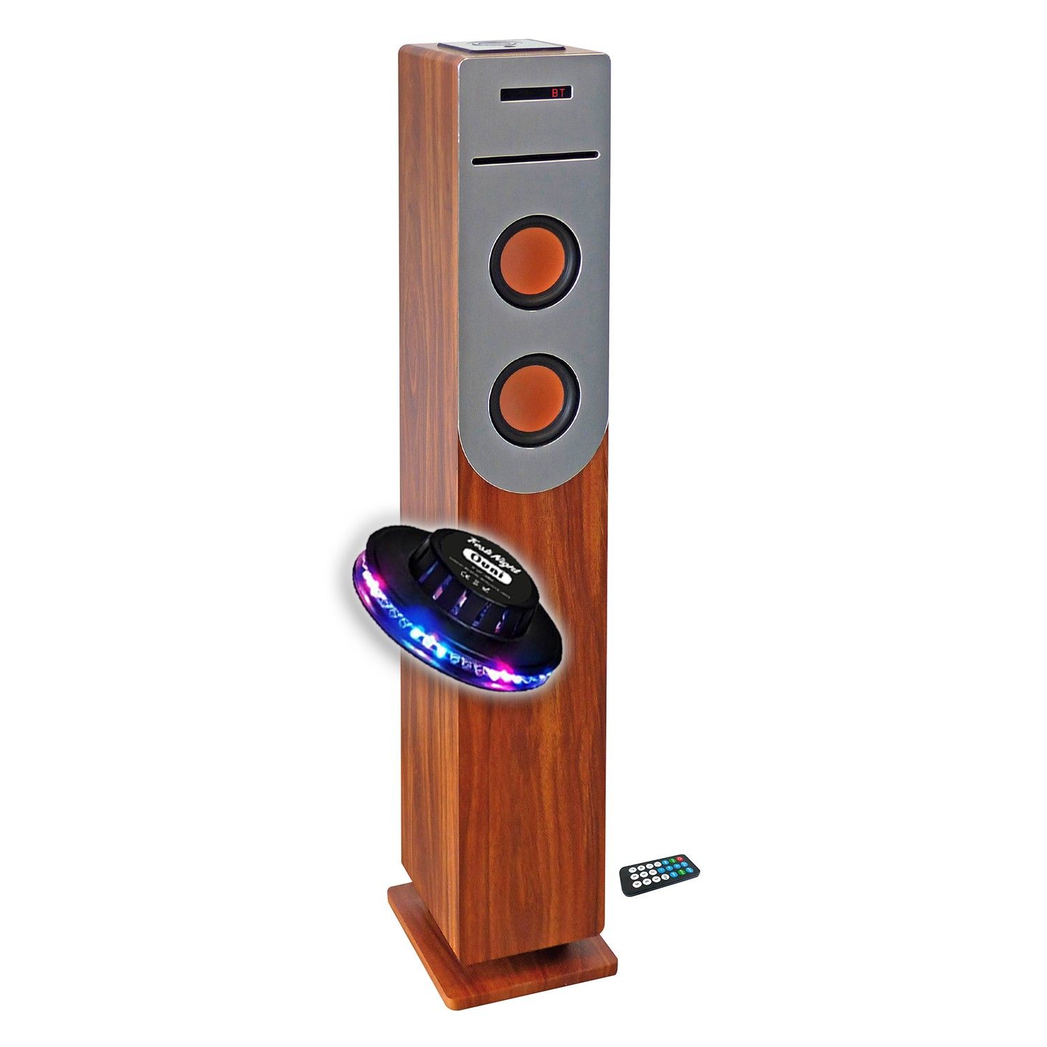 Inovalley WoodTower Speaker - 100W Bluetooth Wooden Tower with CD Player, USB, FM Radio and LED Lights