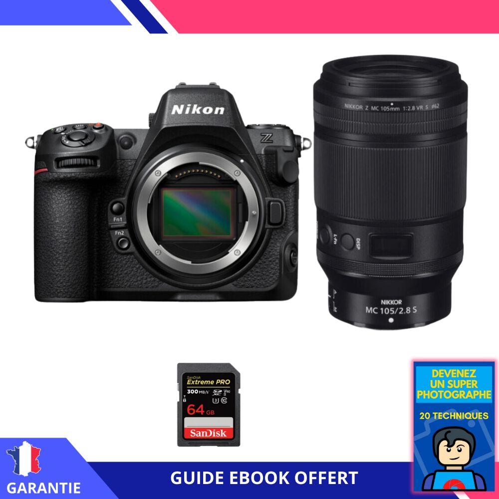 Nikon Z8 + Z MC 105mm f/2.8 VR S Macro + 1 SanDisk 64GB Extreme PRO UHS-II SDXC 300MB/s + Ebook 'Devenez Un Super Photographe' Hybrid Camera
