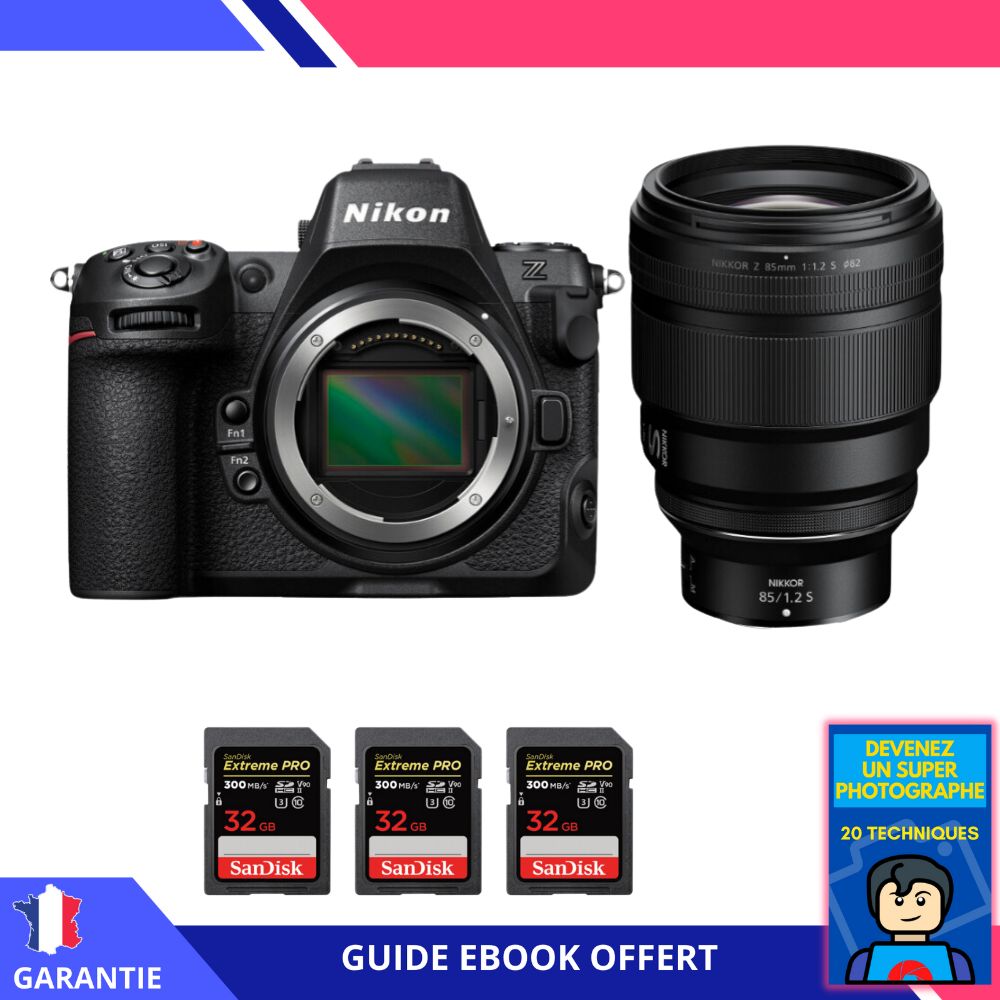 Appareil photo hybride Nikon Z8 + objectif Z 85mm f/1.2 S + 3 cartes mémoire SanDisk 32 Go Extreme PRO UHS-II SDXC 300 Mo/s + ebook 'Devenez un super photographe'