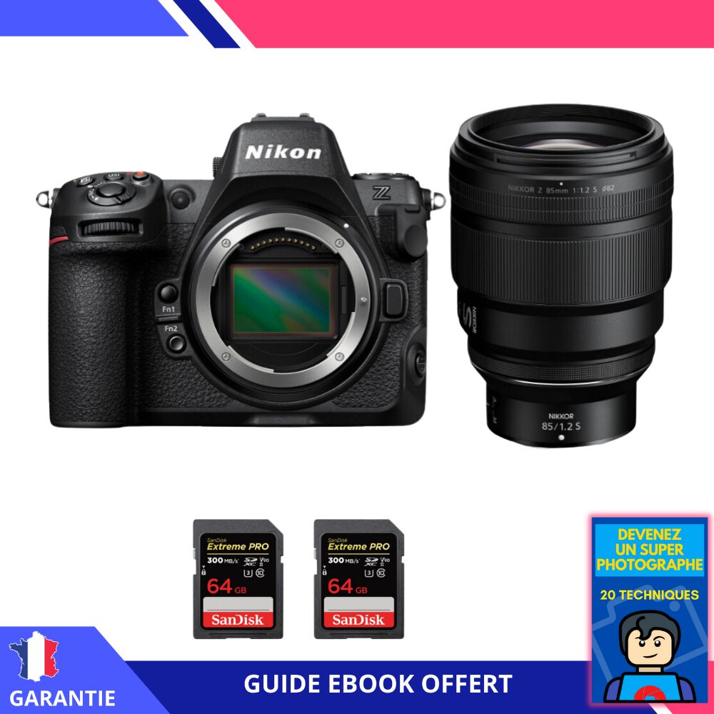 Appareil photo hybride Nikon Z8 + objectif 85mm f/1.2 S + 2 cartes SD 64 Go Sandisk Extreme PRO UHS-II + guide numérique 'Devenez un photographe exceptionnel'