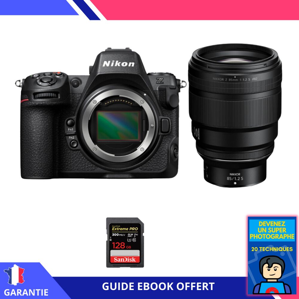 Appareil photo hybride Nikon Z8 + objectif 85mm f/1.2 S + carte SD 128Go SanDisk Extreme PRO UHS-II + ebook 'Devenez Un Super Photographe'