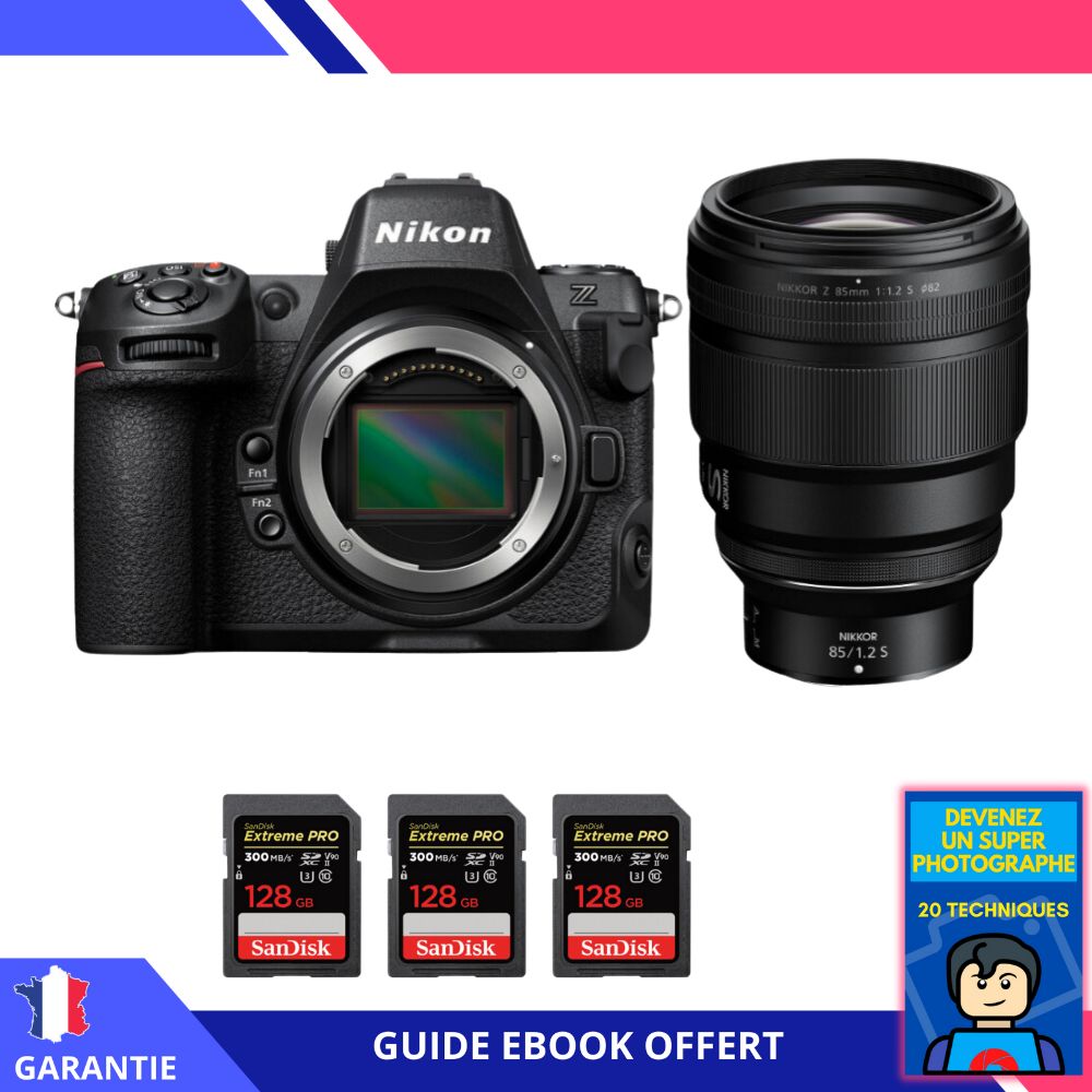 Appareil photo hybride Nikon Z8 + objectif Z 85mm f/1.2 S + 3 cartes SDXC SanDisk 128 Go Extrême PRO UHS-II 300 Mo/s + ebook 'Devenez un super photographe' - Nikon
