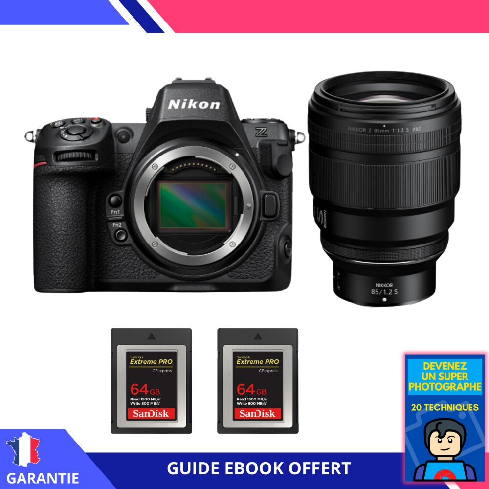 Appareil photo hybride Nikon Z8 + Objectif Z 85 mm f/1.2 S + 2 cartes Sandisk 64 Go Extreme PRO CFexpress Type B + Guide électronique 'Devenez un super photographe'