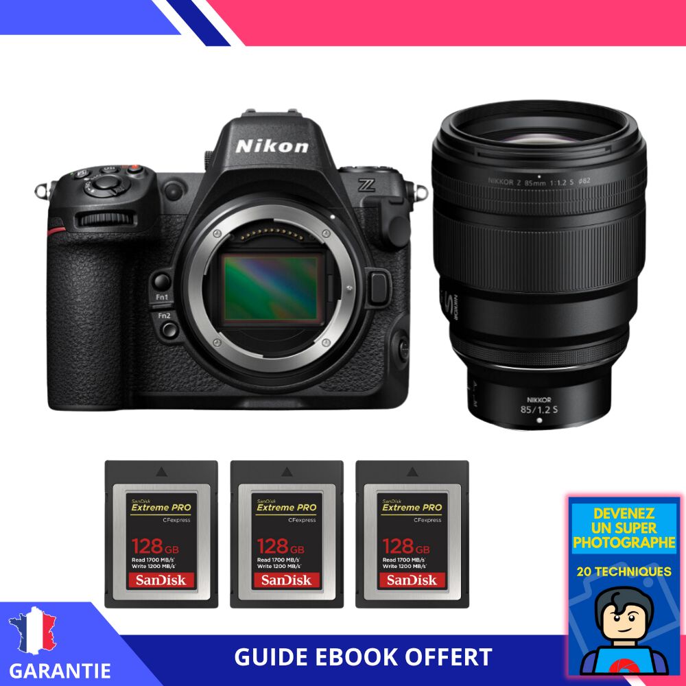Nikon Z8 + objectif 85mm f/1.2 S + 3 x 128 Go SanDisk Extreme PRO CFexpress Type B + livre électronique 'Devenez un super photographe' - appareil photo hybride Nikon