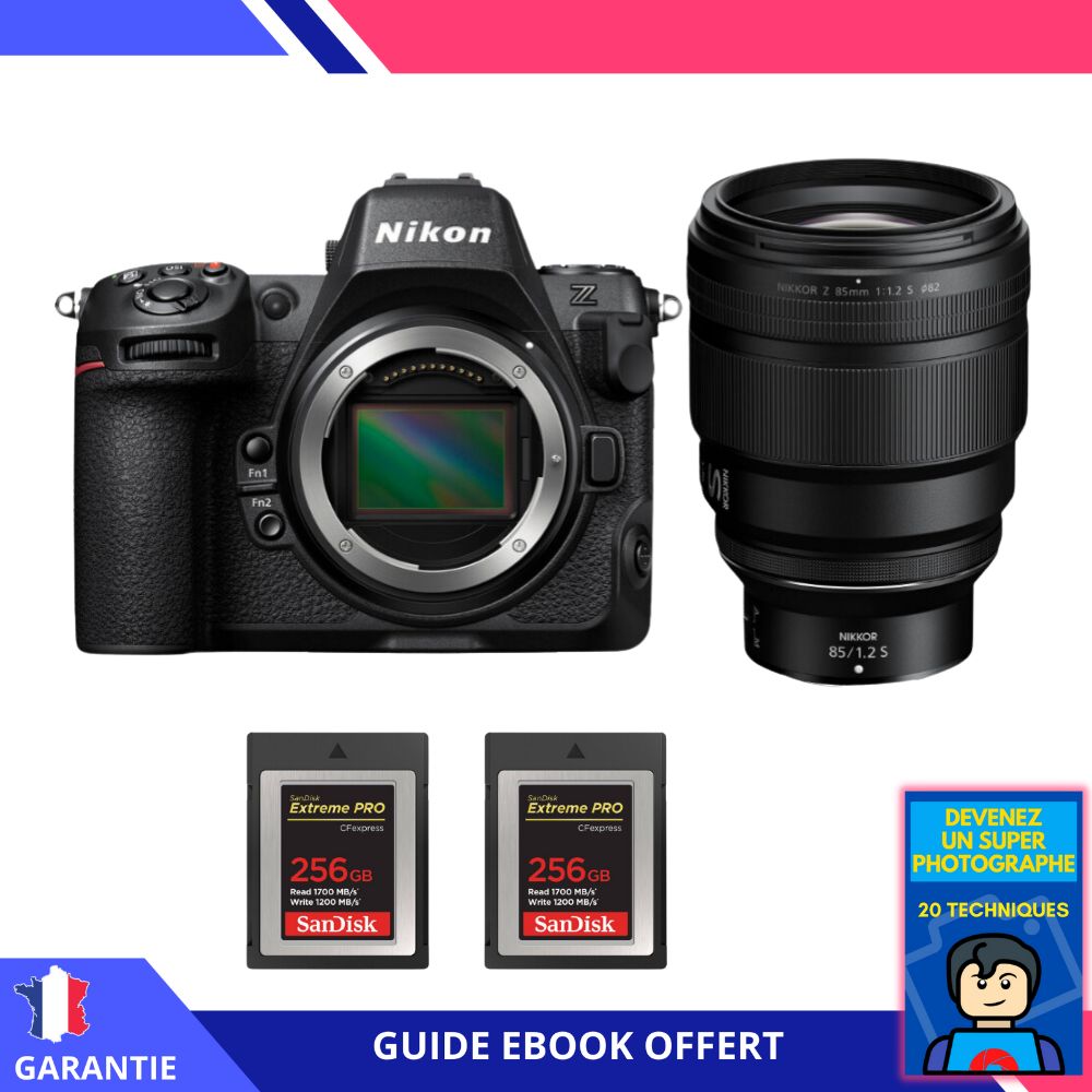 Appareil photo hybride Nikon Z8 + objectif 85mm f/1.2 S + 2 x 256 Go cartes Sandisk Extreme PRO CFexpress Type B + ebook 'Devenez un Super Photographe'