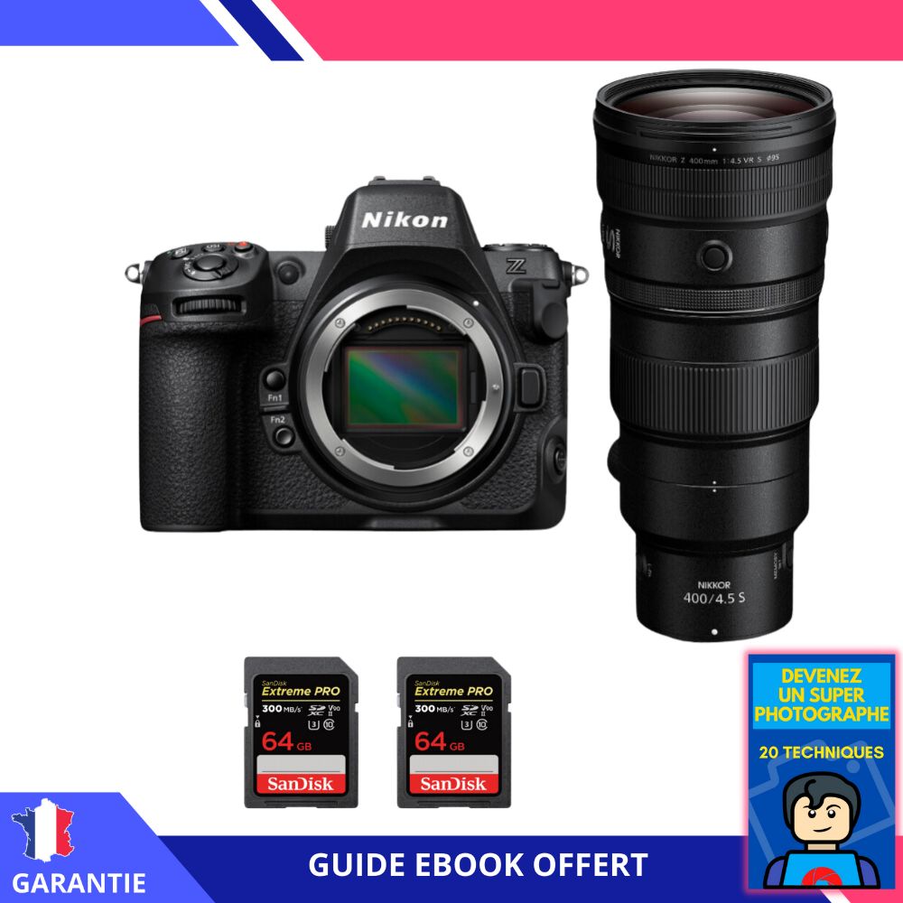Nikon Z8 + Z 400mm f/4.5 VR S Lens + 2 SanDisk 64GB Extreme PRO UHS-II SDXC Cards + 'Become a Super Photographer' Ebook - Nikon Hybrid Camera