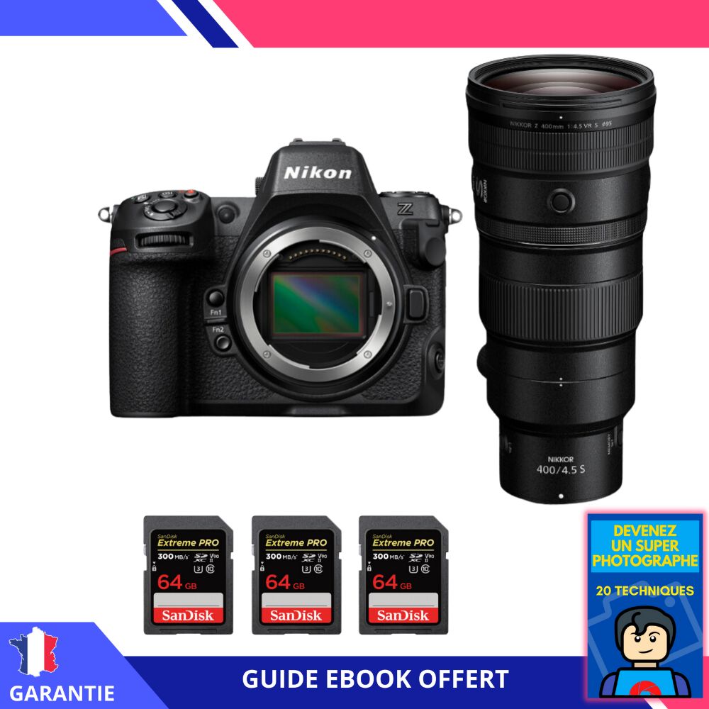 Nikon Z8 + Z 400mm f/4.5 VR S Lens + 3 SanDisk 64GB Extreme PRO UHS-II SDXC Cards + 'Become a Super Photographer' Ebook - Nikon Hybrid Camera