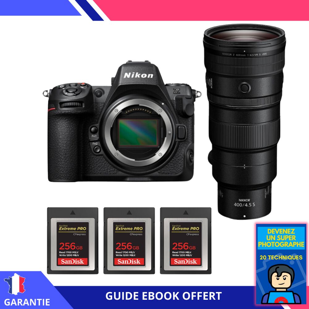 Nikon Z8 + Z 400mm f/4.5 VR S Lens + 3 SanDisk 256GB Extreme PRO CFexpress Type B + Ebook - Hybrid Nikon Camera