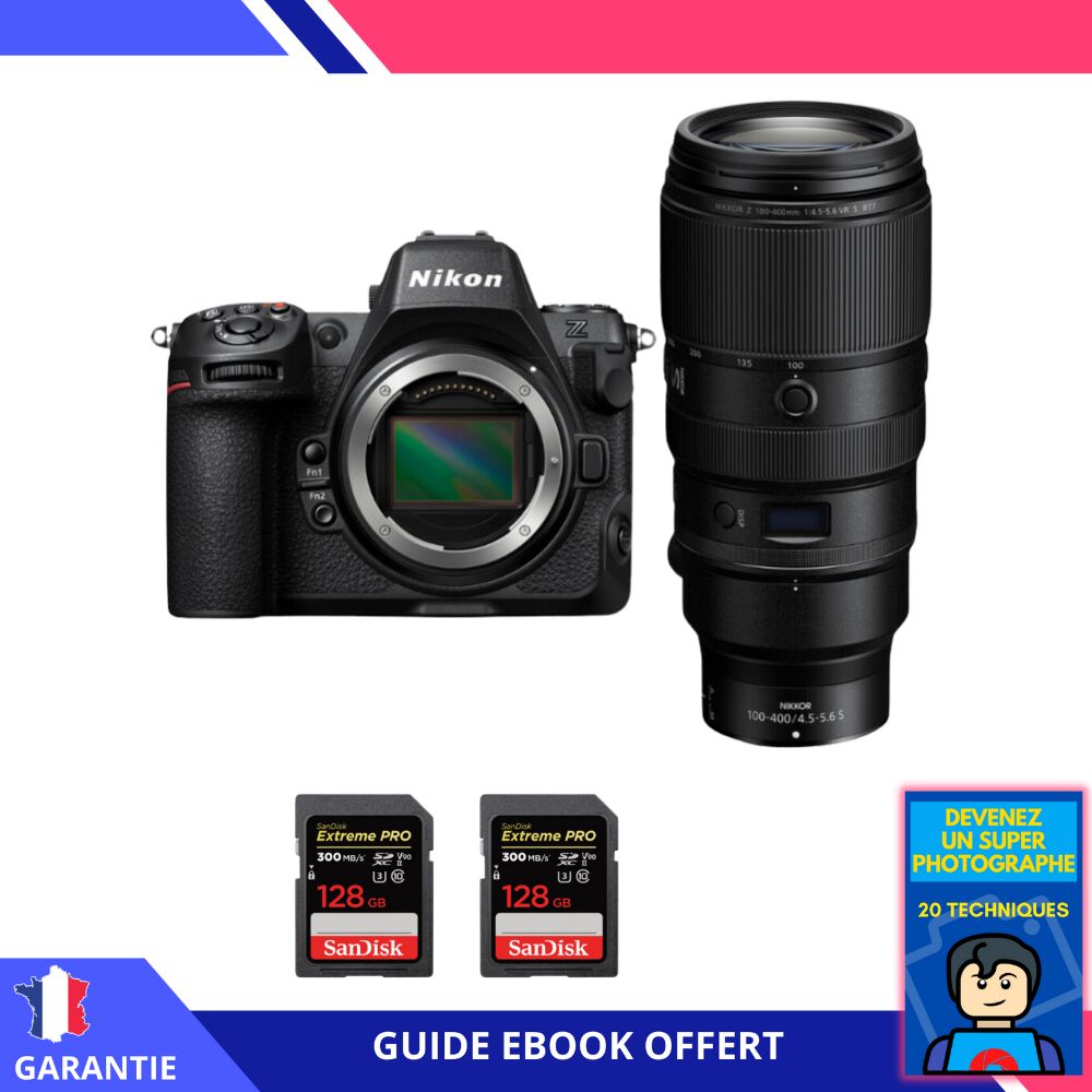 Nikon Z8 + Z 100-400mm f/4.5-5.6 VR S Lens + 2 SanDisk 128GB Extreme PRO UHS-II SDXC Cards + 'Become a Super Photographer' Ebook - Nikon Hybrid Camera