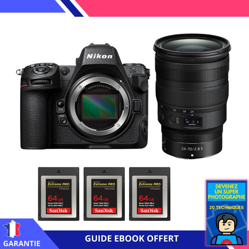 Nikon Z8 + Z 24-70mm f/2.8 S Lens + 3 SanDisk 64GB Extreme PRO CFexpress Type B + Ebook - Hybrid Nikon Full Frame Camera