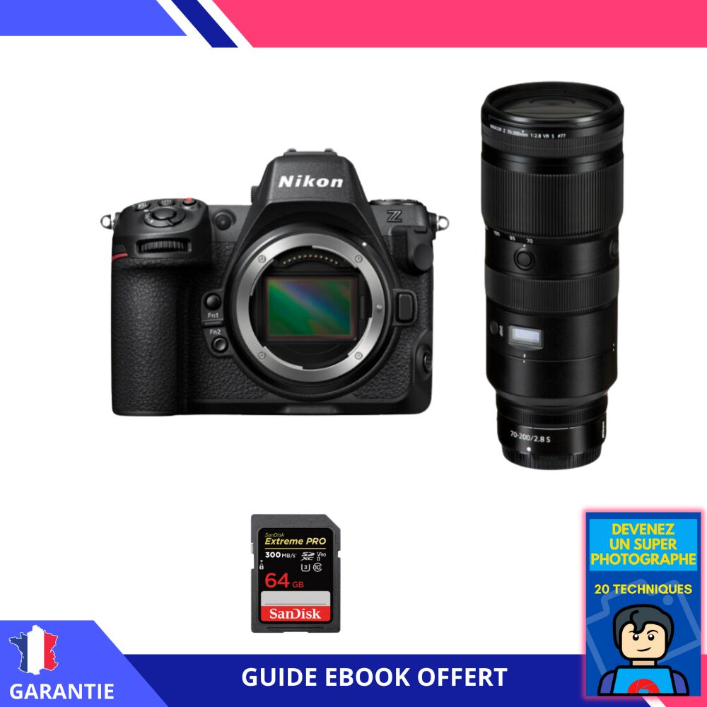Nikon Z8 + Z 70-200mm f/2.8 VR S Lens + 1x 64GB SanDisk Extreme PRO UHS-II SDXC Card + Ebook - Nikon Hybrid Camera