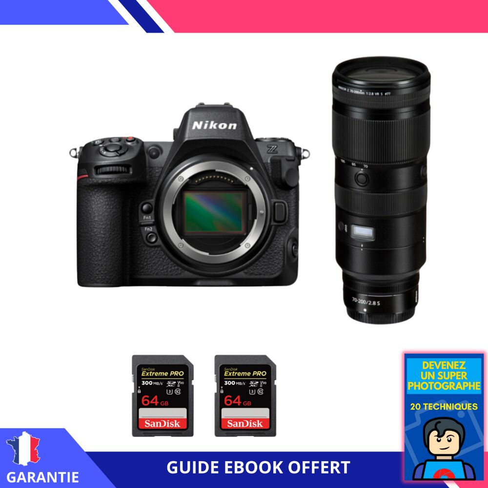Nikon Z8 + Z 70-200mm f/2.8 VR S Lens + 2x 64GB SanDisk Extreme PRO UHS-II SDXC Cards + 'Become a Super Photographer' Ebook - Nikon Hybrid Camera