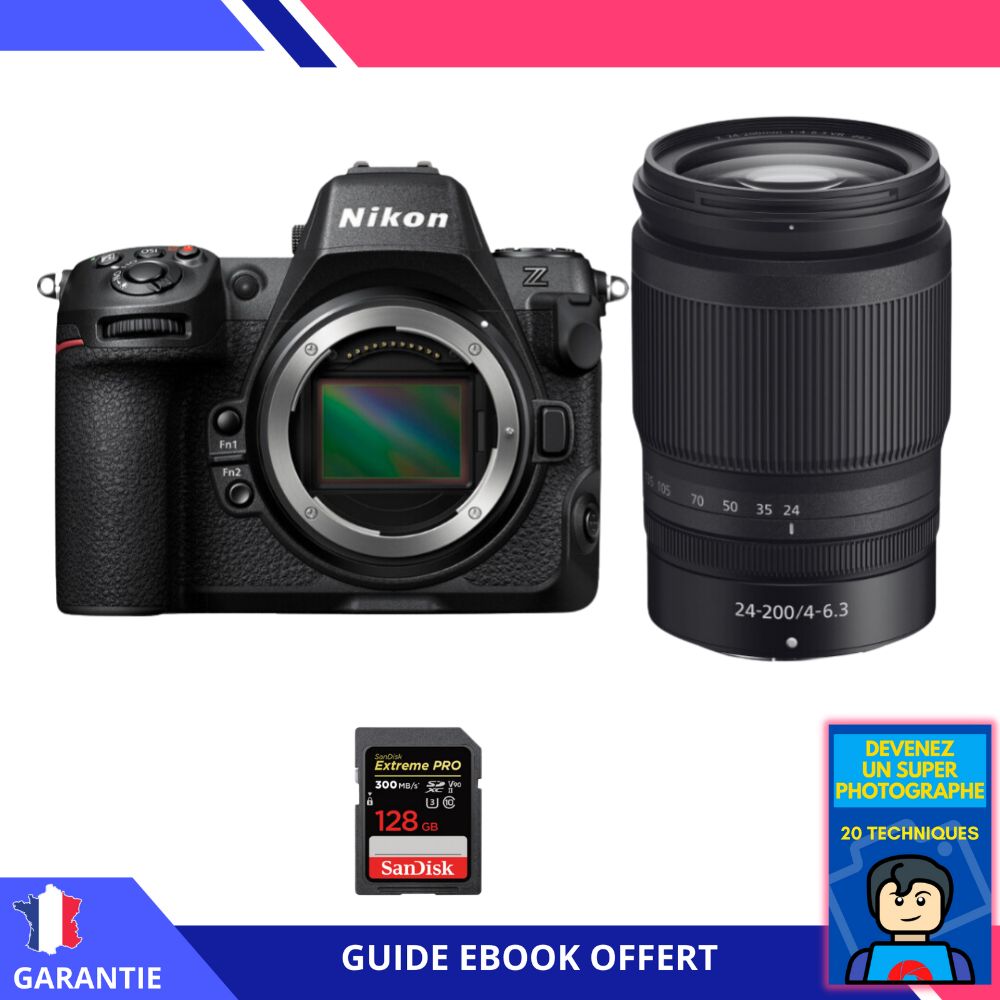 Nikon Z8 + Z 24-200mm f/4-6.3 VR + 1 SanDisk 128GB Extreme PRO UHS-II SDXC 300MB/s + Ebook 'Devenez Un Super Photographe' - Hybrid Camera