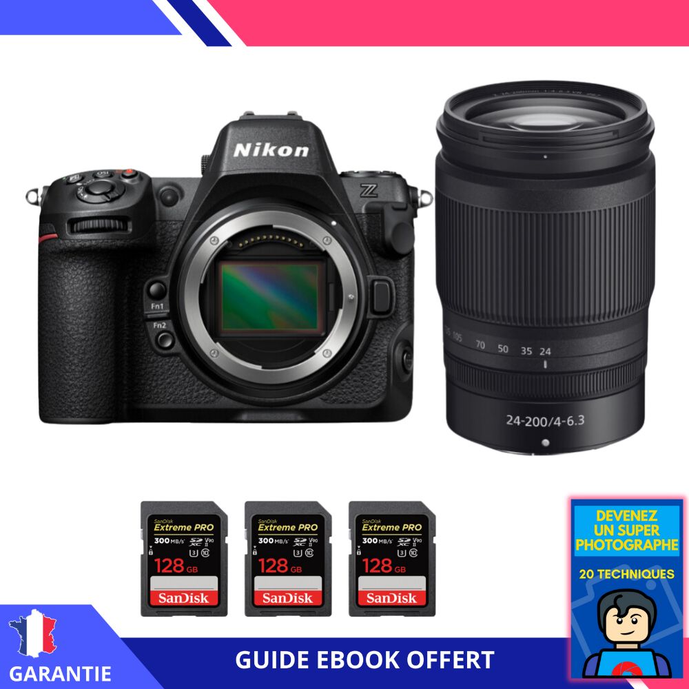 Nikon Z8 + Z 24-200mm f/4-6.3 VR + 3 SanDisk 128GB Extreme PRO UHS-II SDXC 300MB/s + Ebook 'Devenez Un Super Photographe' - Hybrid Nikon