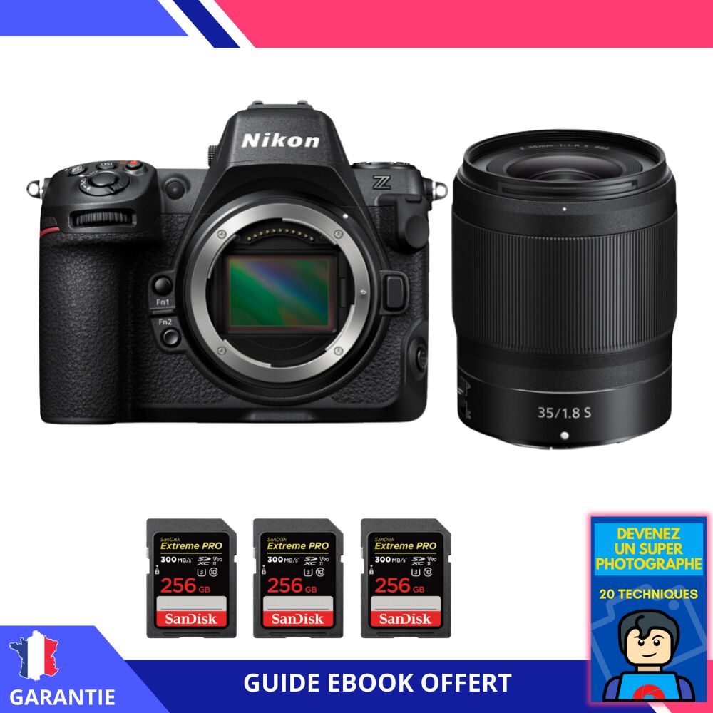 Appareil photo hybride Nikon Z8 + Objectif Z 35mm f/1.8 S + 3 cartes SD SanDisk 256 Go Extreme PRO UHS-II + Livre électronique 'Devenez un super photographe'