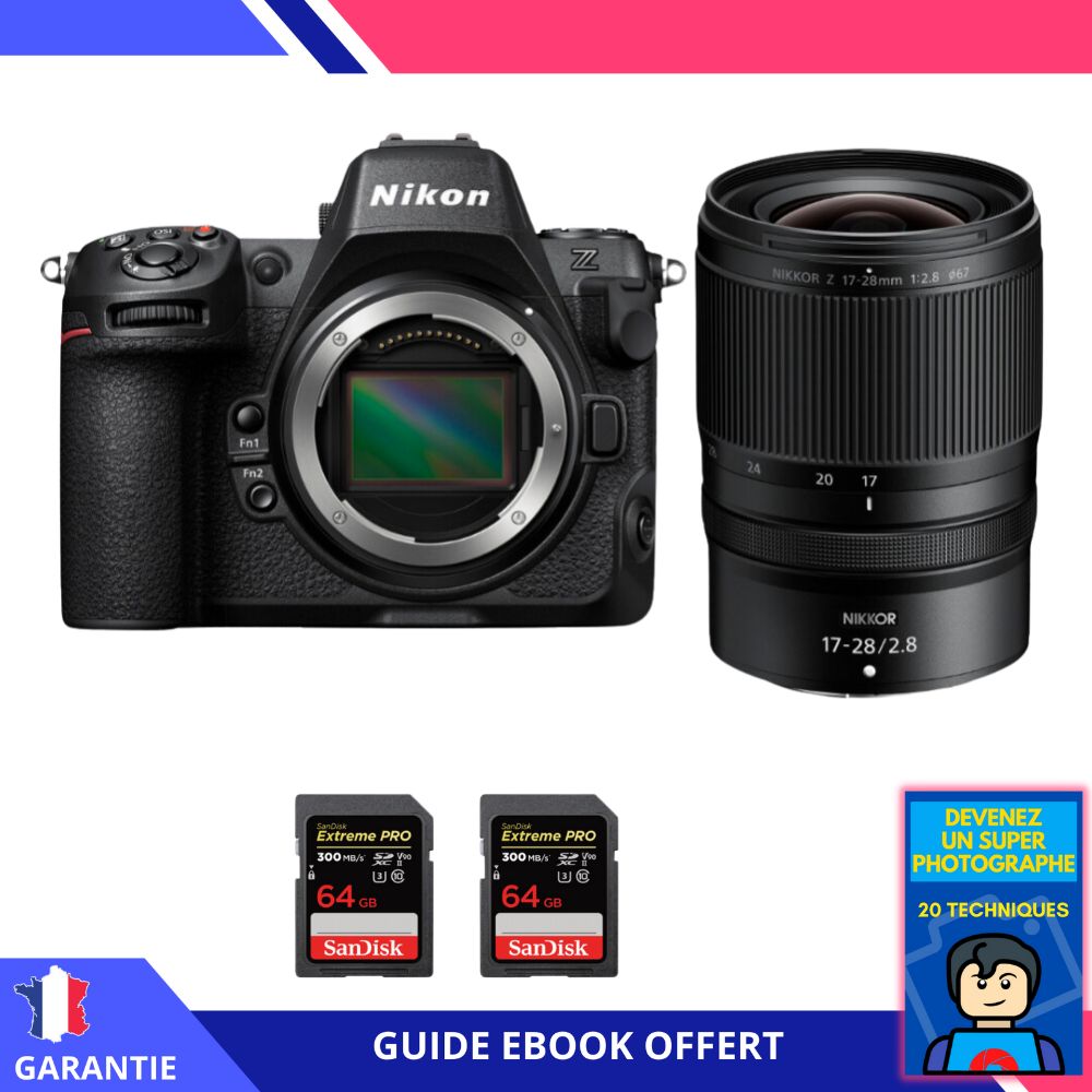 Appareil photo hybride Nikon Z8 + Objectif Z 17-28mm f/2.8 + 2x Carte SD 64GB SanDisk Extreme PRO UHS-II 300 Mo/s + Ebook 'Devenez un Super Photographe'