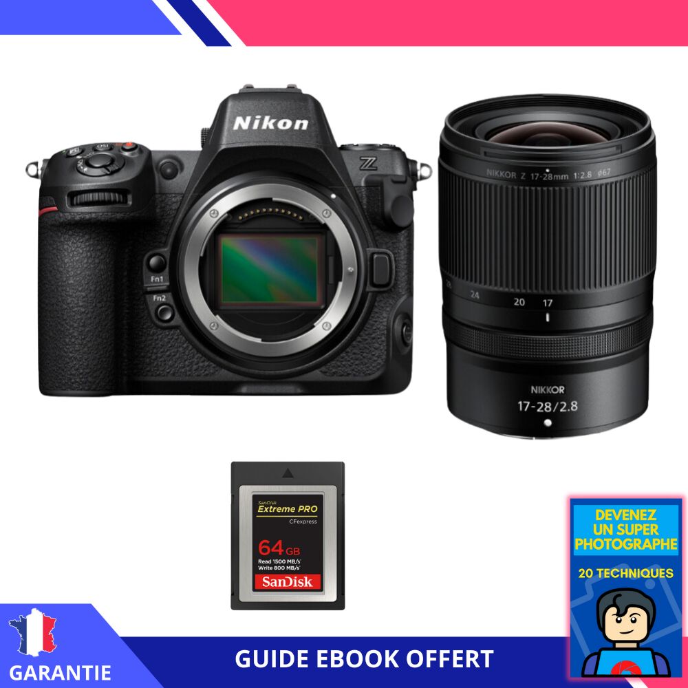 Appareil photo hybride Nikon Z8 avec objectif 17-28 mm f/2.8 + carte CFexpress 64 Go + ebook - Noir