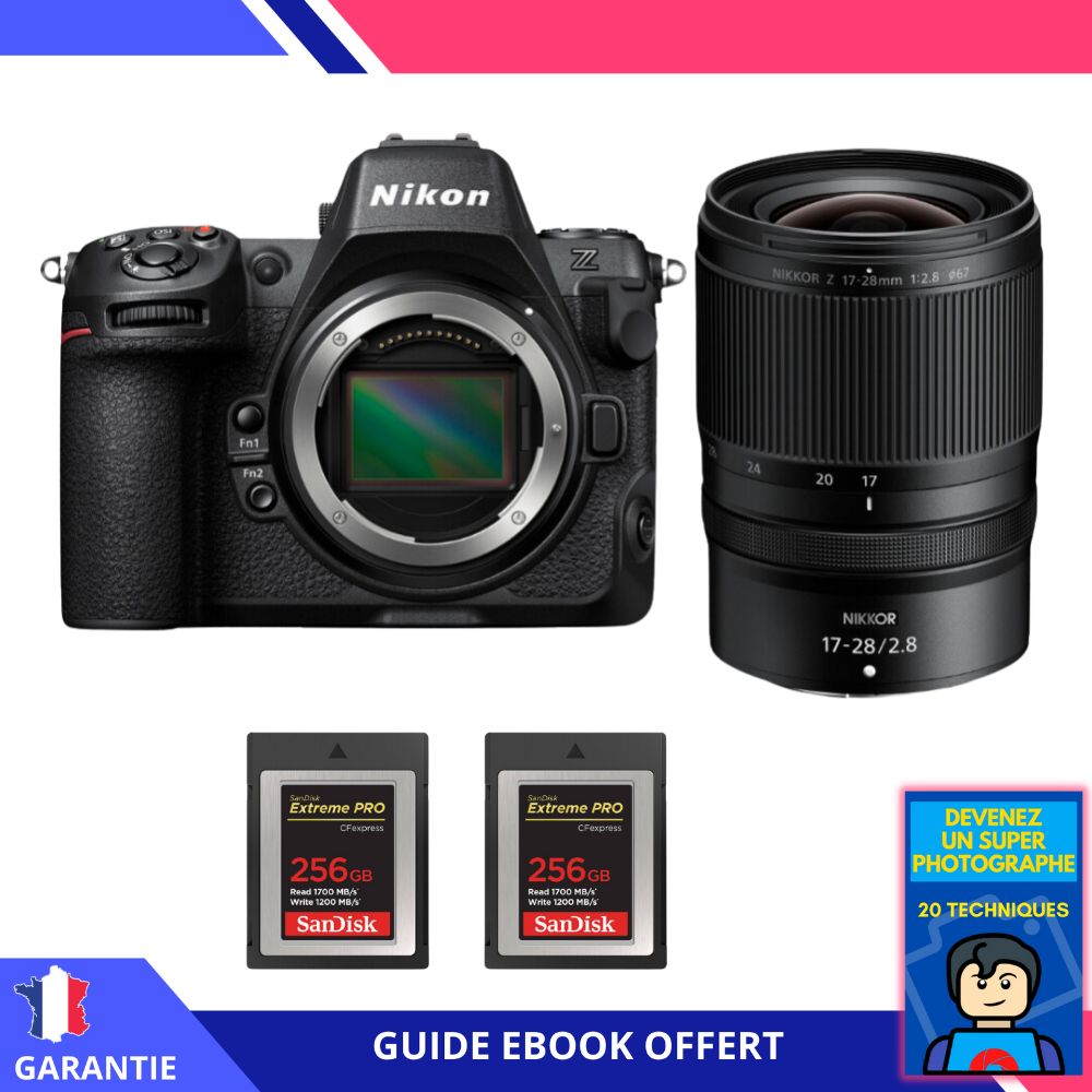 Appareil photo hybride Nikon Z8 + objectif 17-28 mm f/2,8 + 2 x 256 Go cartes SanDisk Extreme PRO CFexpress Type B + ebook 'Devenez un super photographe'