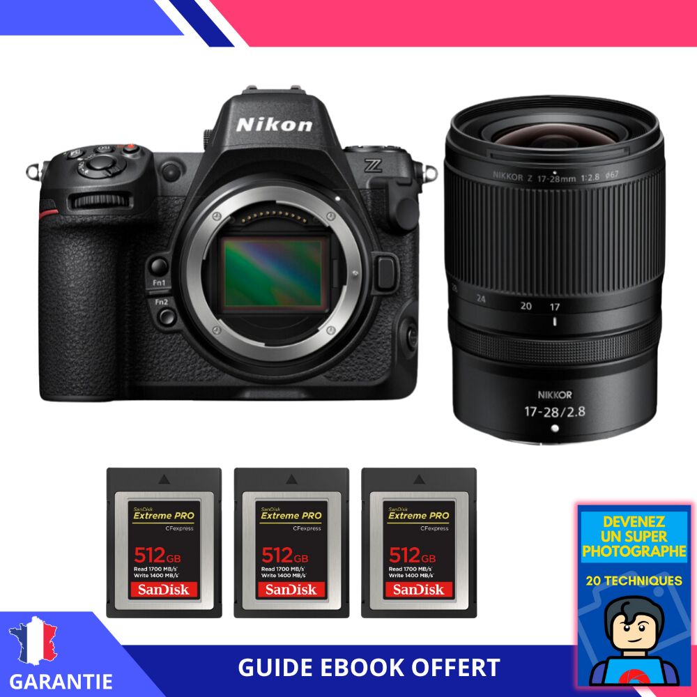 Appareil photo hybride Nikon Z8 + objectif 17-28 mm f/2,8 + 3 x 512 Go SanDisk Extreme PRO CFexpress Type B + ebook 'Devenez un super photographe' - Nikon plein format