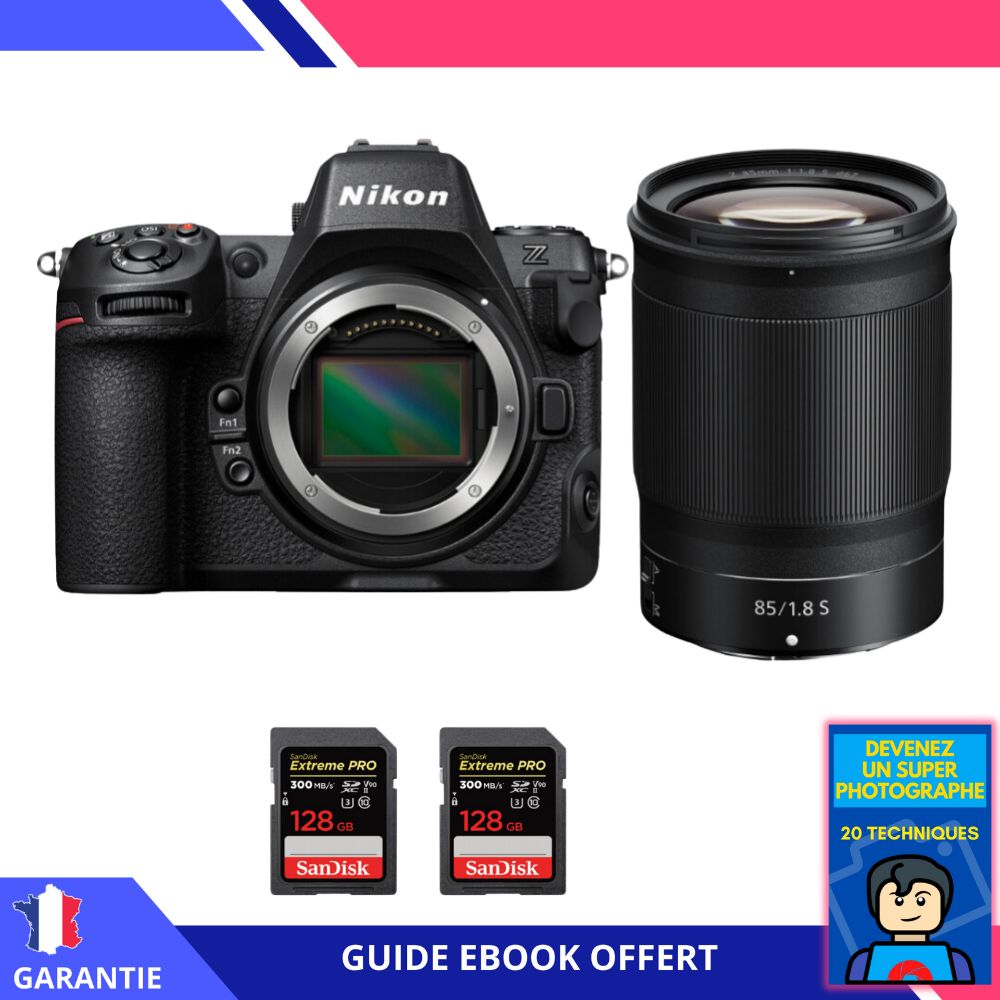 Nikon Z8 + Z 85mm f/1.8 S Lens + 2x SanDisk 128GB Extreme PRO UHS-II SDXC Cards + 'Become a Super Photographer' Ebook - Nikon Hybrid Camera