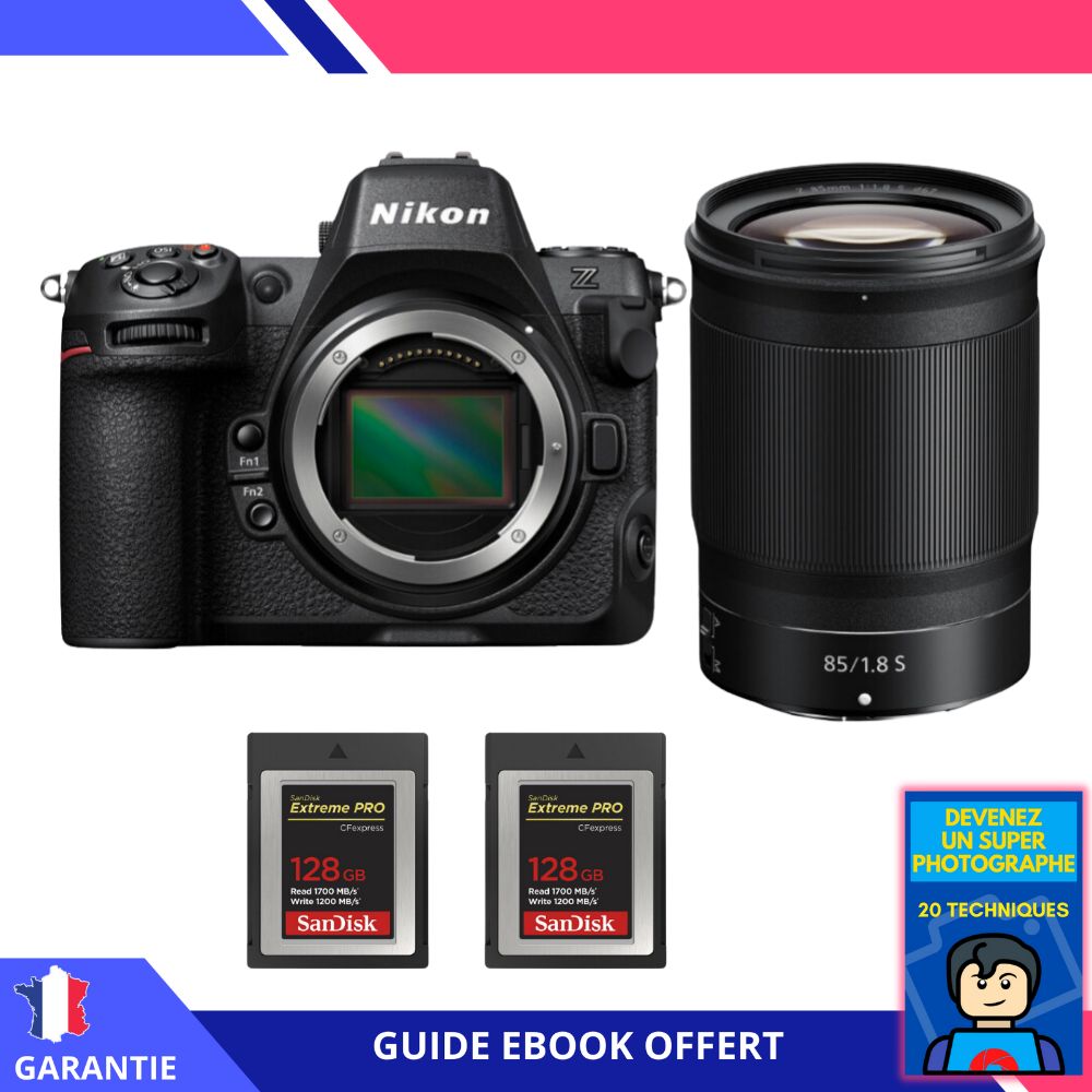 Nikon Z8 + 85mm f/1.8 S Lens + 2x 128GB SanDisk Extreme PRO CFexpress Type B + Ebook - Hybrid Nikon Full Frame Camera