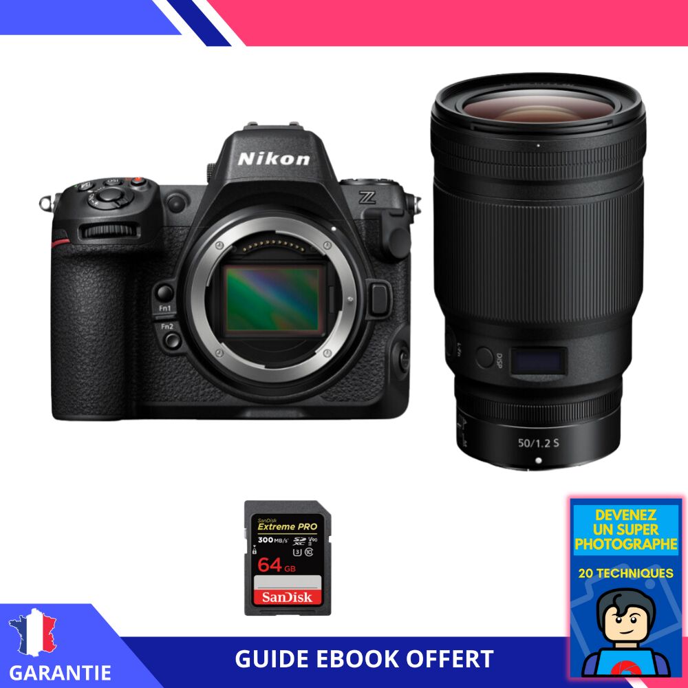 Appareil photo hybride Nikon Z8 + objectif Z 50mm f/1.2 S + carte SD 64 Go Sandisk Extreme PRO UHS-II + livre 'Devenez un super photographe'
