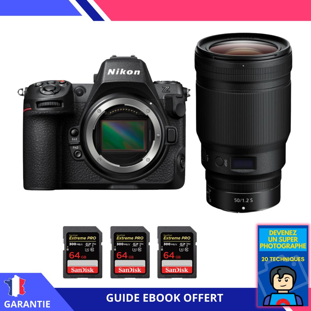 Appareil photo hybride Nikon Z8 + objectif 50 mm f/1.2 S + 3 cartes SDXC SanDisk Extreme PRO 64 Go + ebook 'Devenez un super photographe'