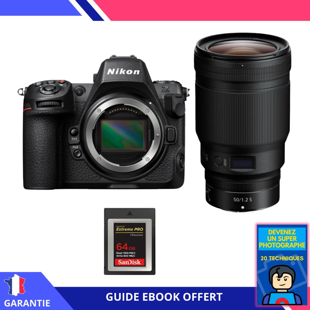 Appareil photo hybride Nikon Z8 + objectif Z 50mm f/1.2 S + 1 x carte mémoire SanDisk 64Go Extreme PRO CFexpress Type B + ebook 'Devenez un super photographe'